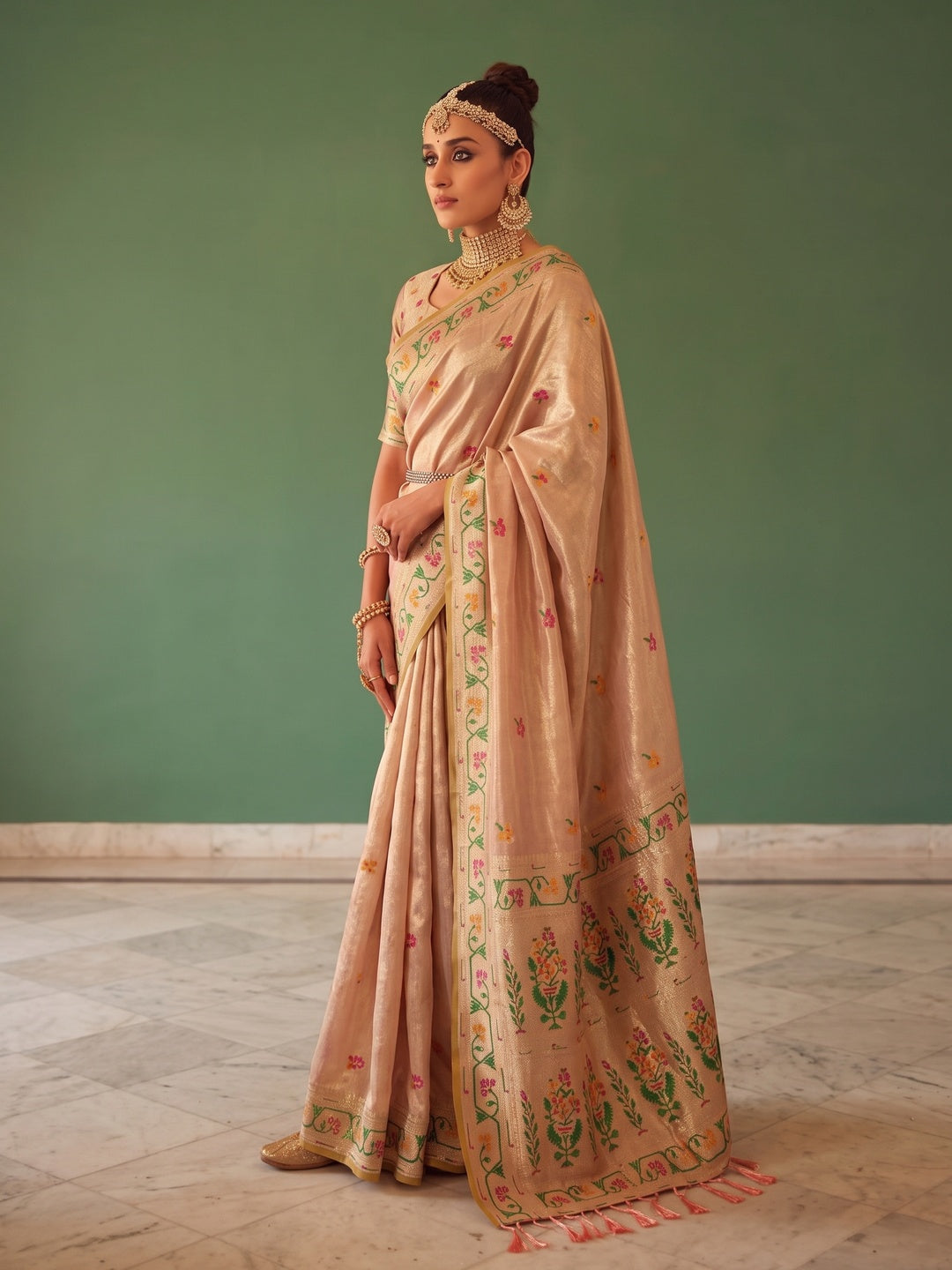 Peachmode Peach Woven Tissue Silk Saree - Image 4