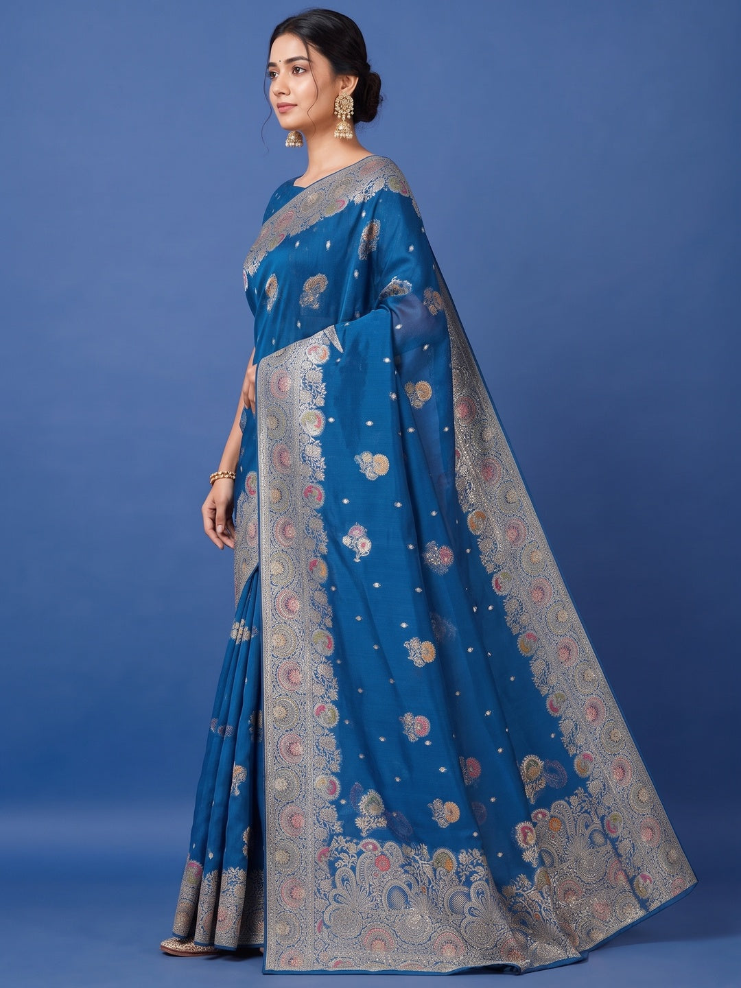 Peachmode Blue Organza Saree with Mina Weaving Work - Image 4