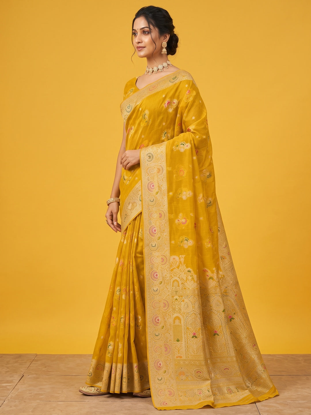 Peachmode Yellow Organza Saree with Mina Weaving Work - Image 4