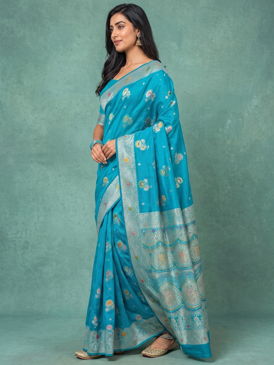 Peachmode Turquoise Organza Saree with Mina Weaving Work - Image 4