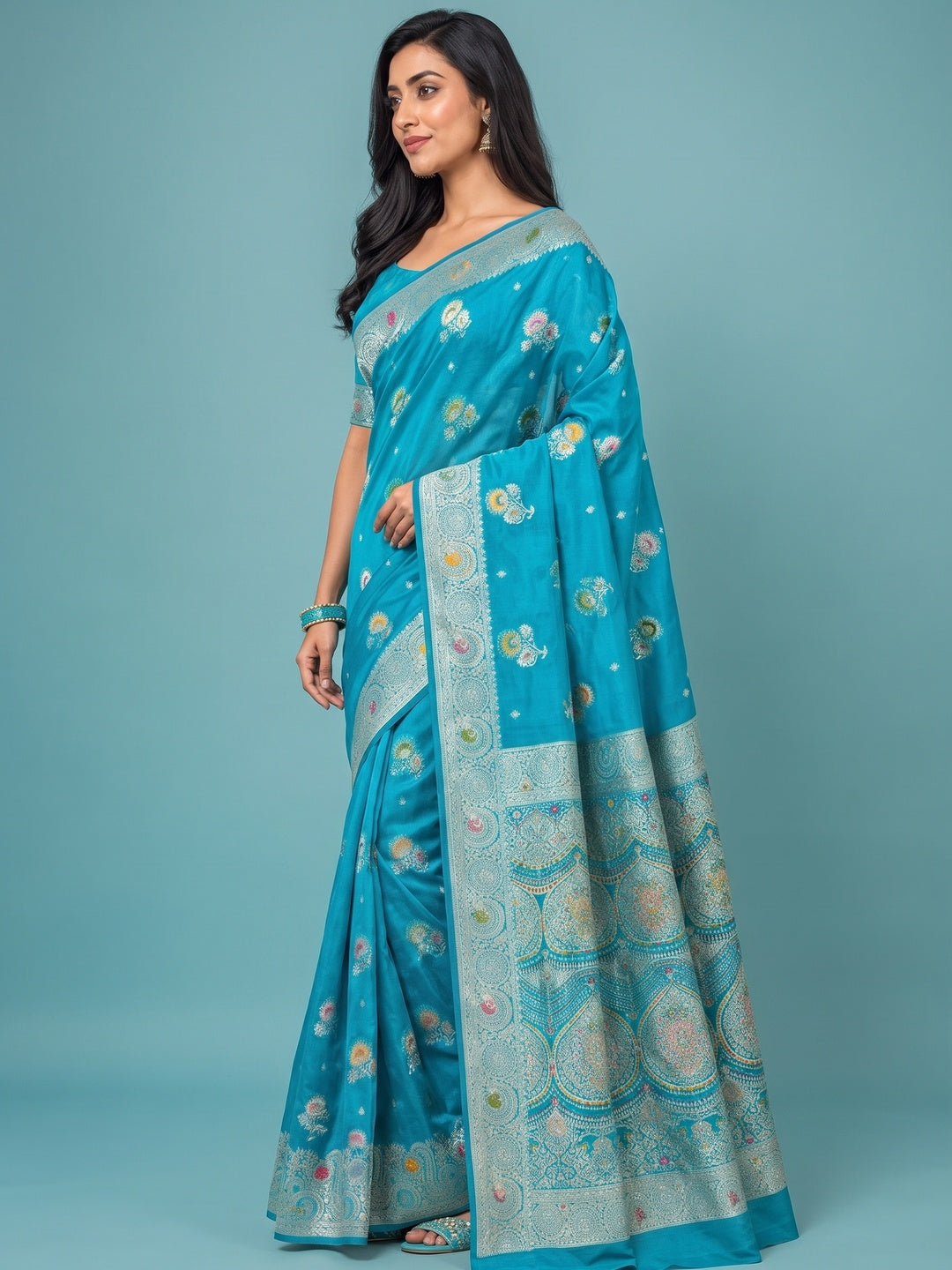 Peachmode Turquoise Organza Saree with Mina Weaving Work - Image 5