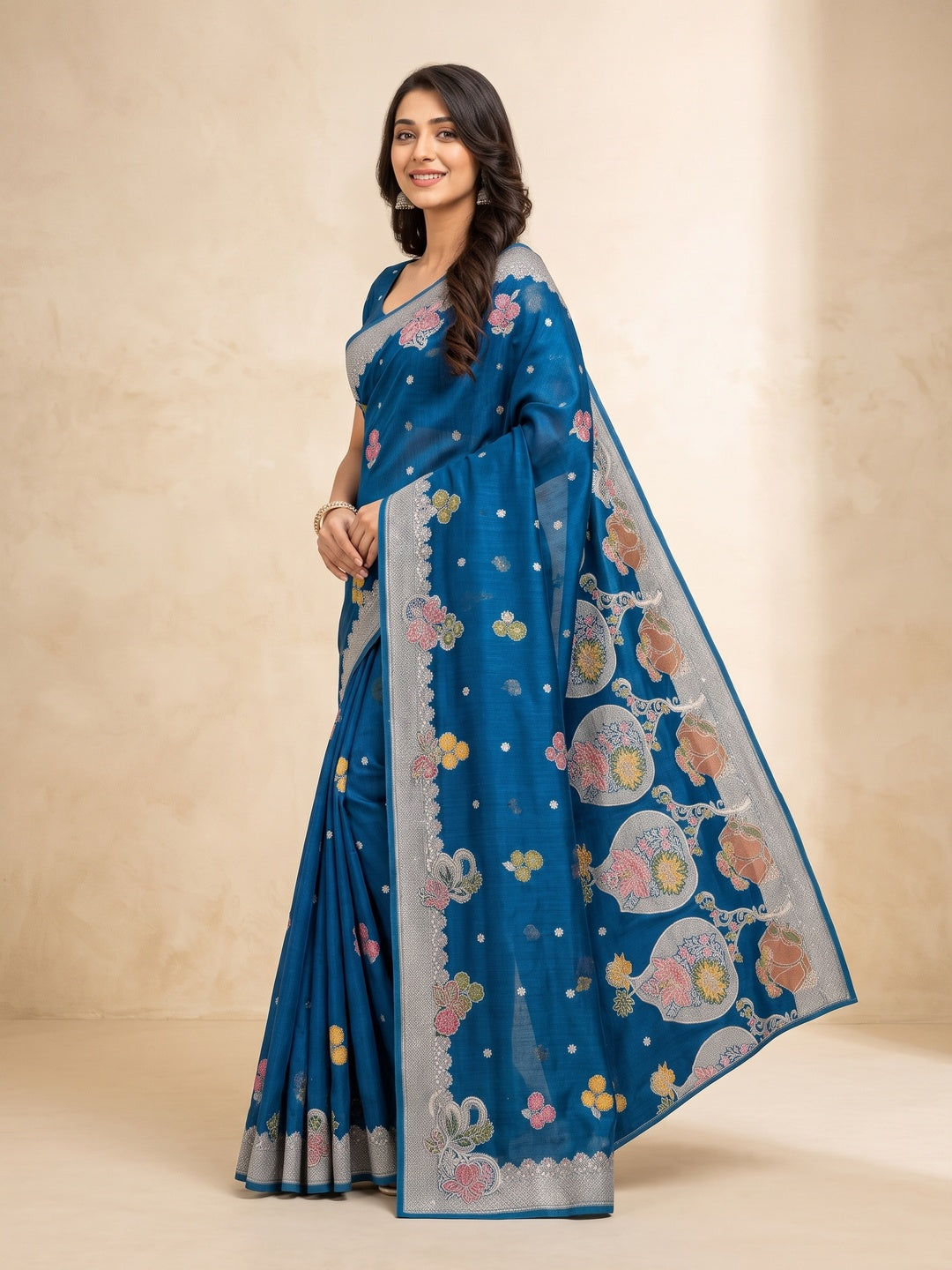 Peachmode Blue Organza Saree with Mina Weaving Work - Image 5