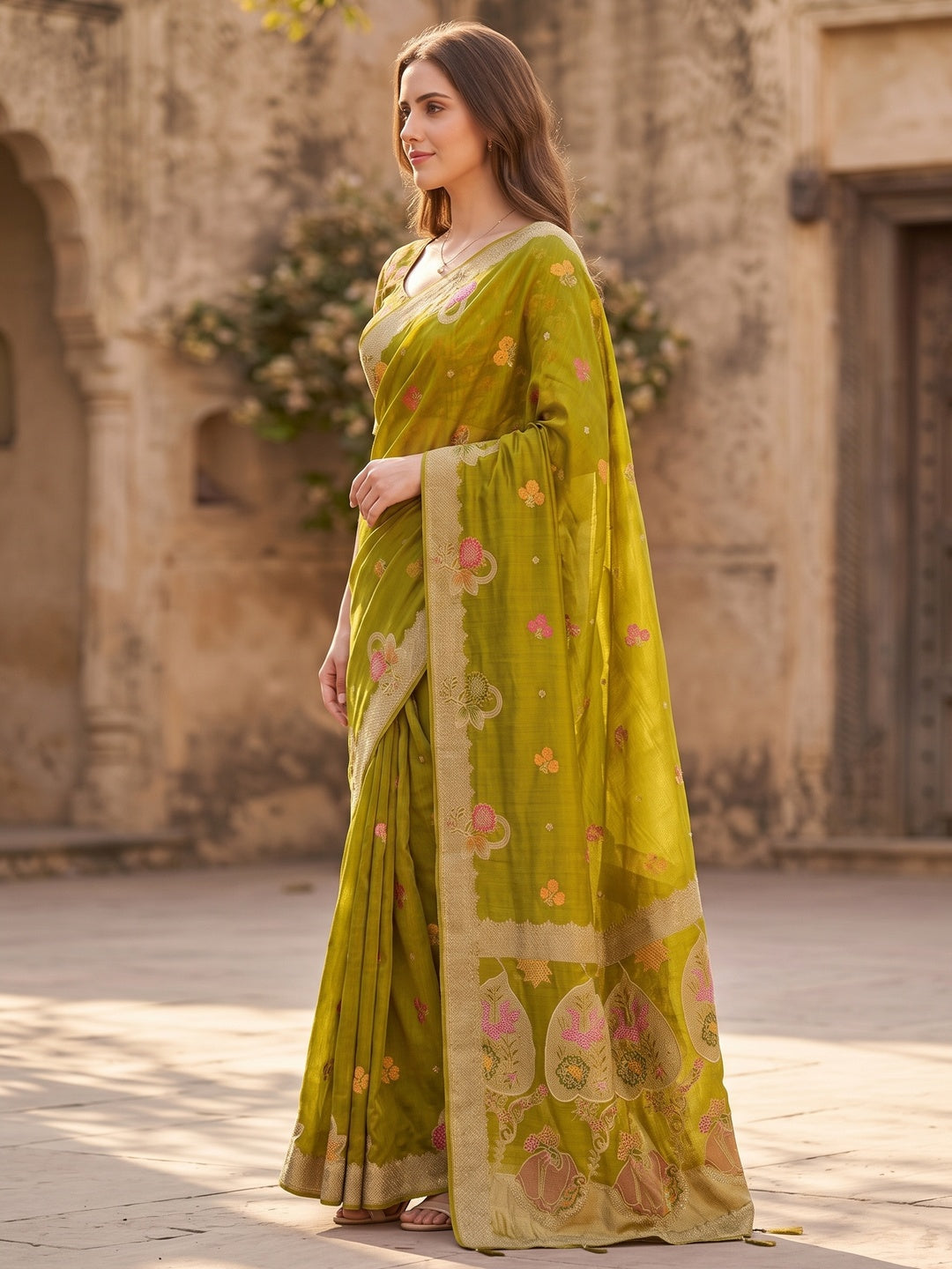 Peachmode Green Organza Saree with Mina Weaving Work - Image 4