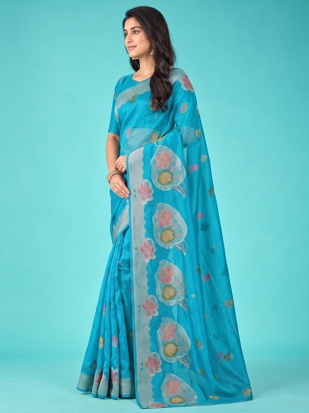 Peachmode Turquoise Organza Saree with Mina Weaving Work - Image 4