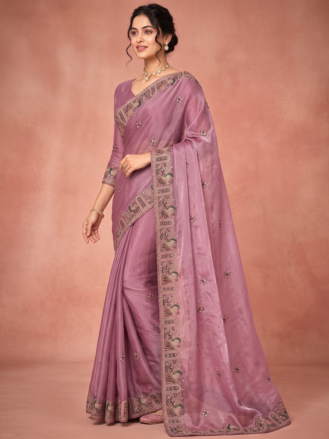 Peachmode Pink NC Moss Saree with Heavy Embroidery Work - Image 5