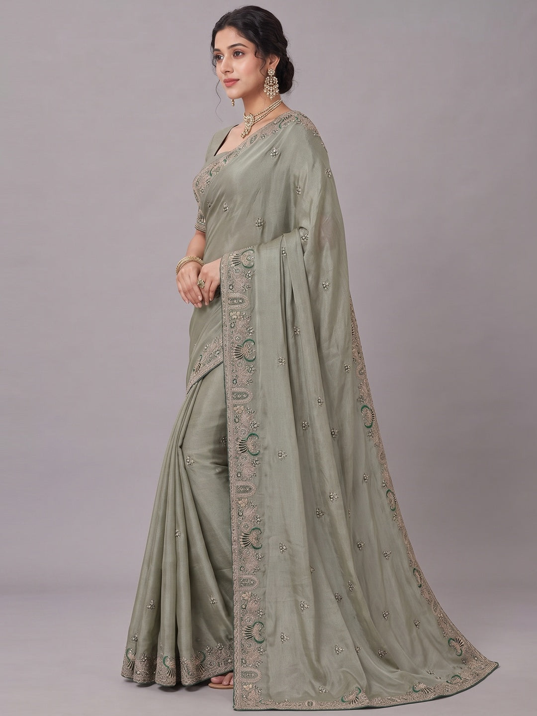 Peachmode Grey NC Moss Saree with Heavy Embroidery Work - Image 5