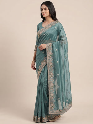 Peachmode Teal NC Moss Saree with Heavy Embroidery Work - Image 5