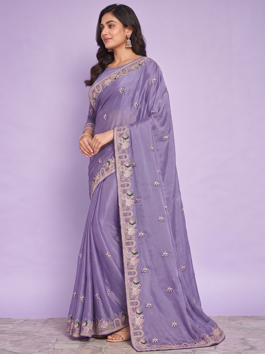 Peachmode Lavender NC Moss Saree with Heavy Embroidery Work - Image 5