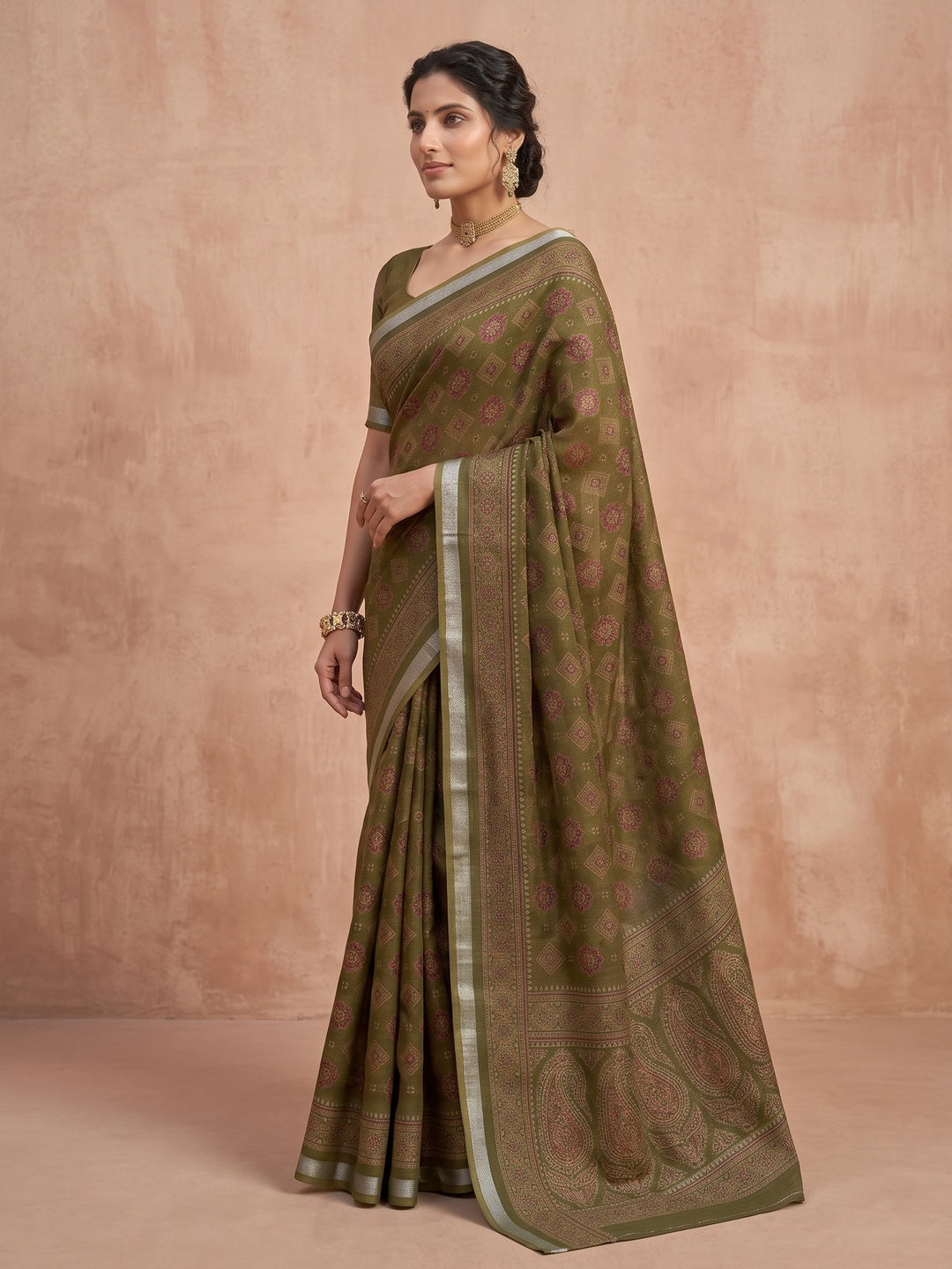 Peachmode Brown Semi Cotton Saree with Ajrakh Print - Image 4