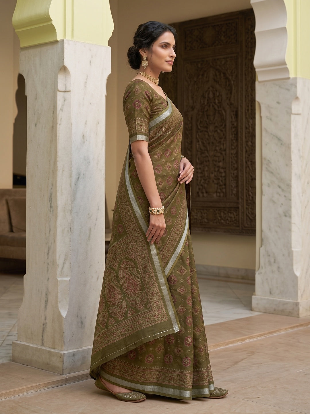 Peachmode Brown Semi Cotton Saree with Ajrakh Print - Image 5