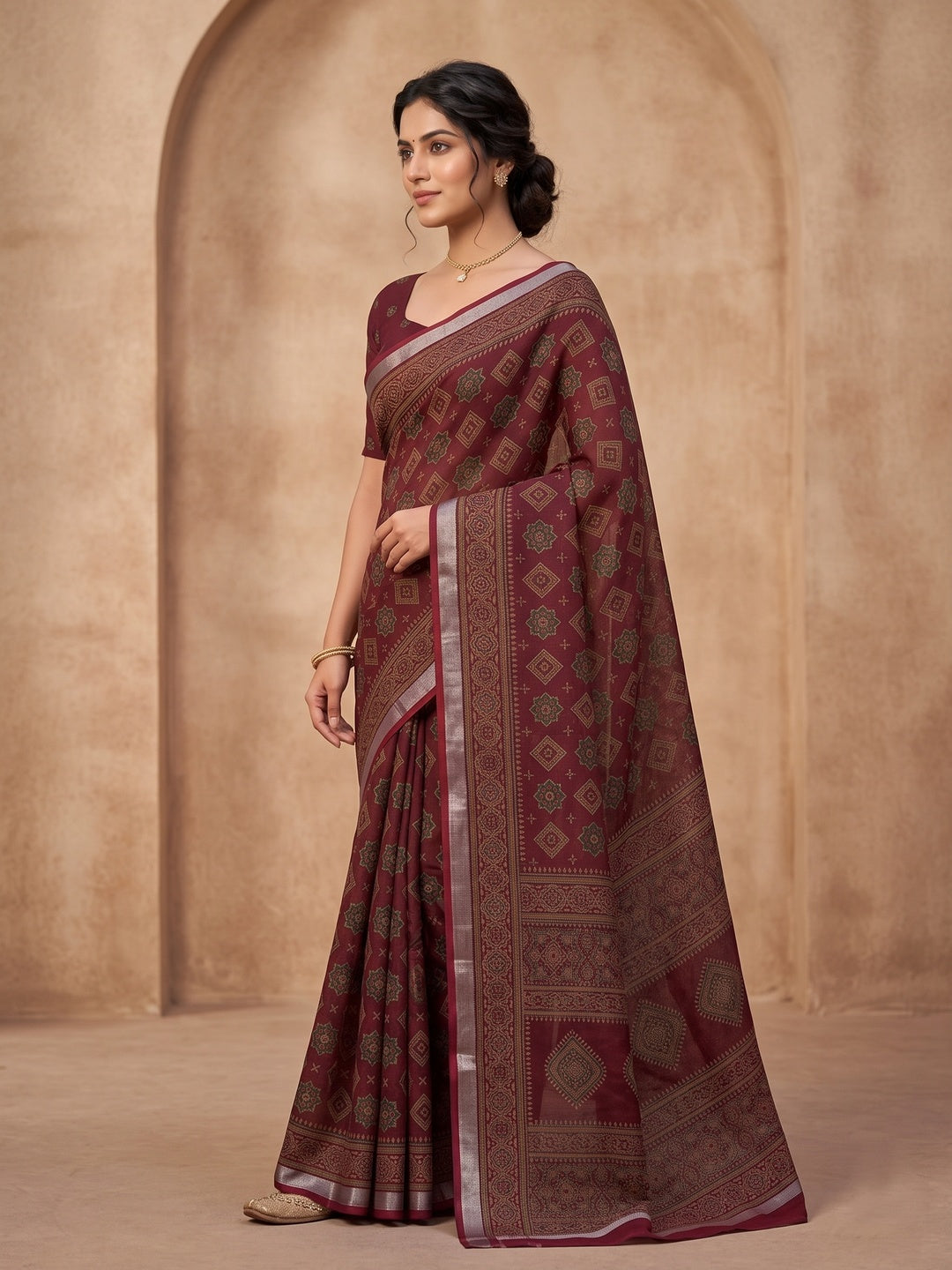 Peachmode Maroon Semi Cotton Saree with Ajrakh Print - Image 4