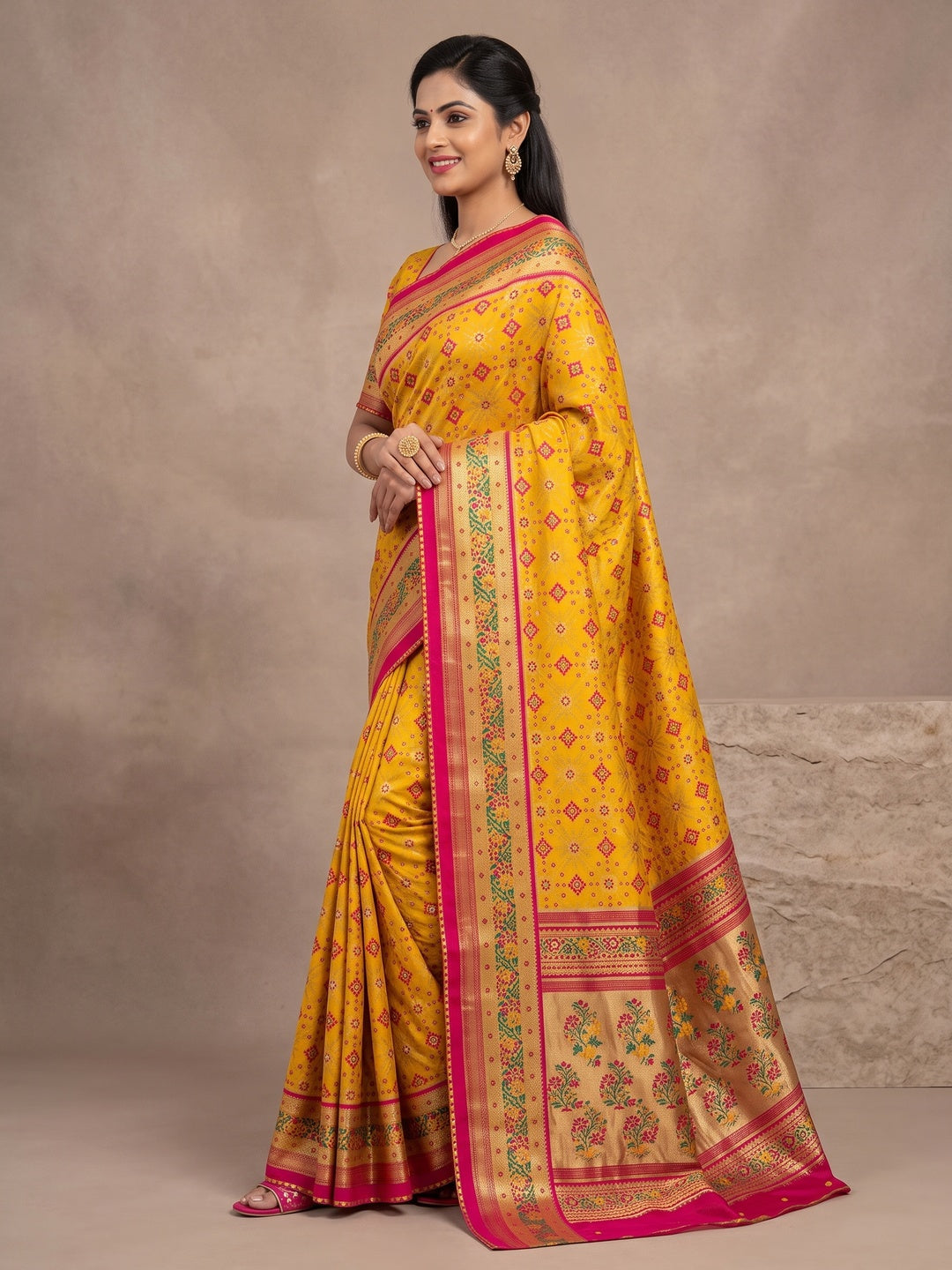 Peachmode Yellow Pure Silk Saree with Digital Print - Image 4
