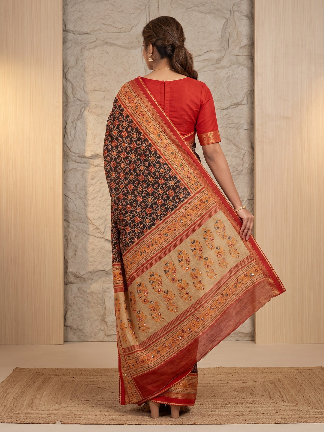 Peachmode Brown Pure Silk Saree with Digital Print - Image 3