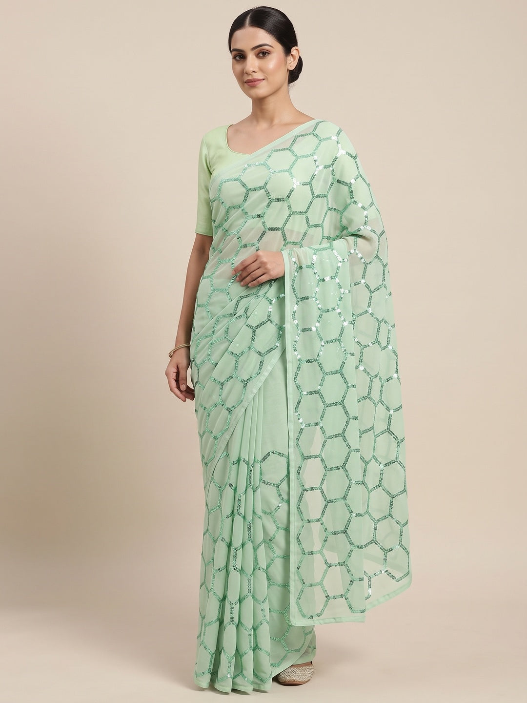 Pista Green Sequins Embroidered Georgette Saree - Image 1