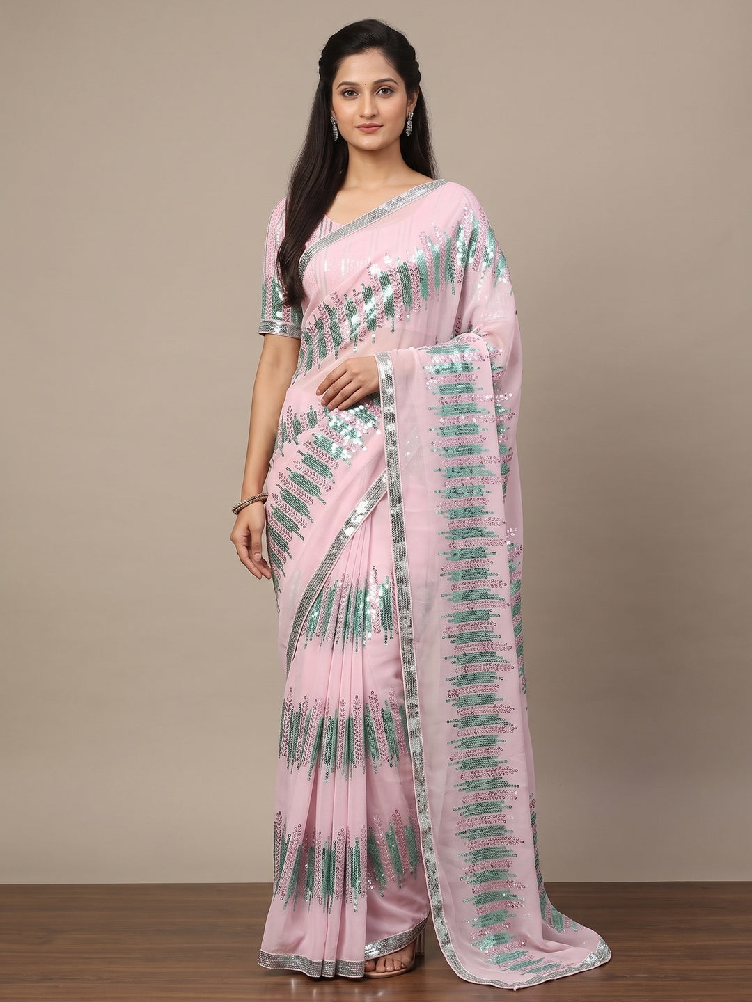 Pink Sequins Embroidered Georgette Saree - Image 1