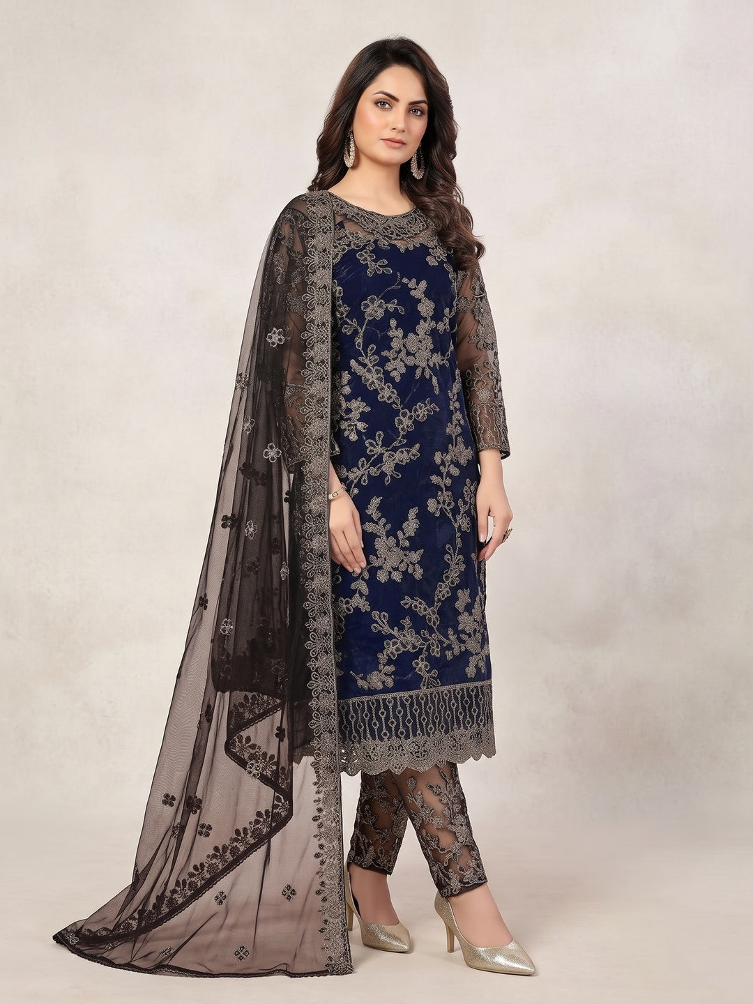 Blue Floral Embroidered Net Semi Stitched Suit - Image 1