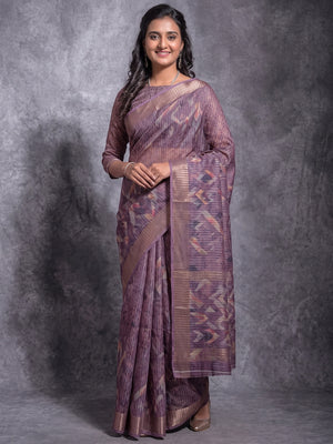 Purple Digital Printed Linen Saree With Woven Border - Image 1