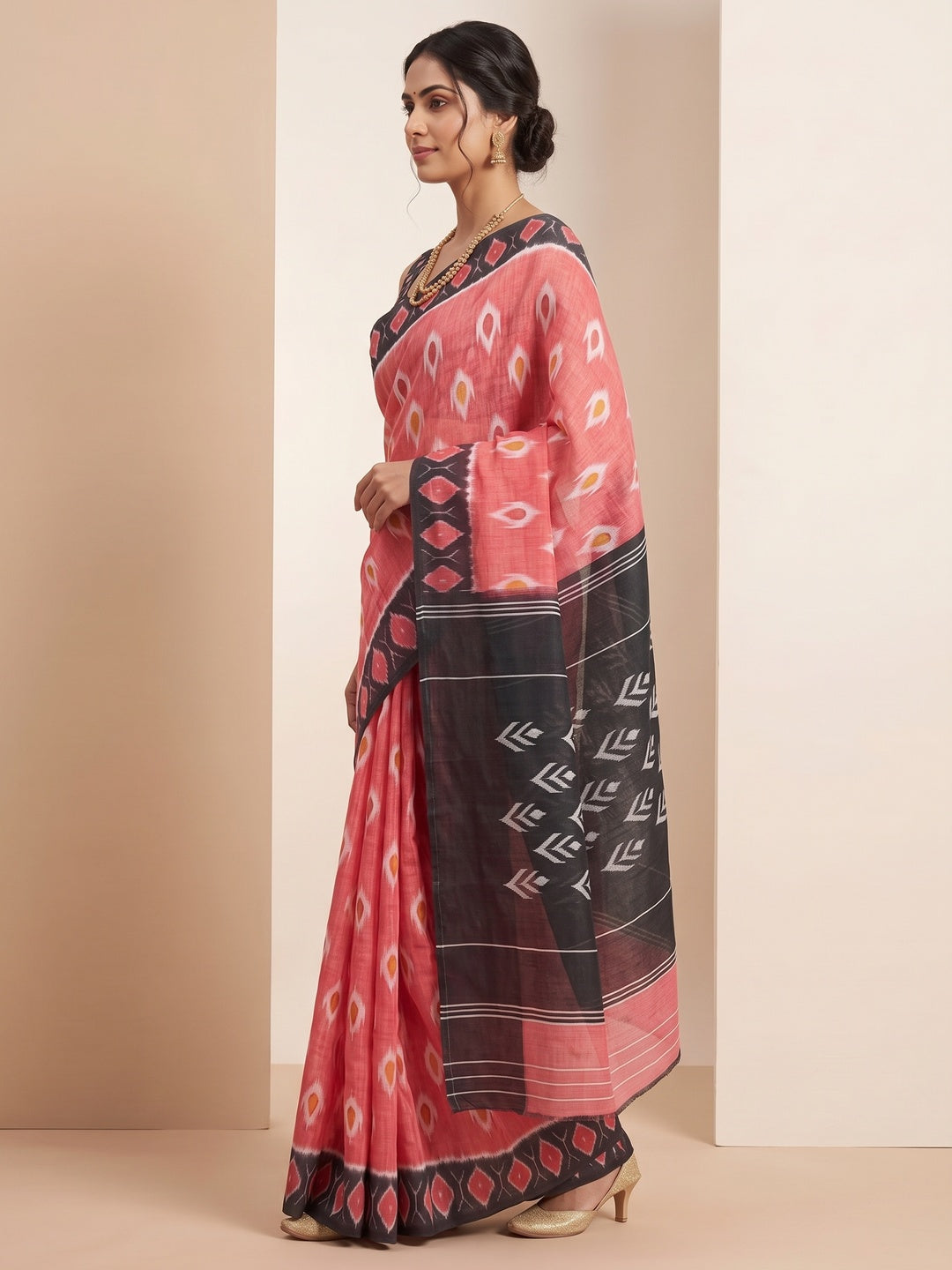 Gajri Pink Ikkat Printed Linen Saree - Image 3