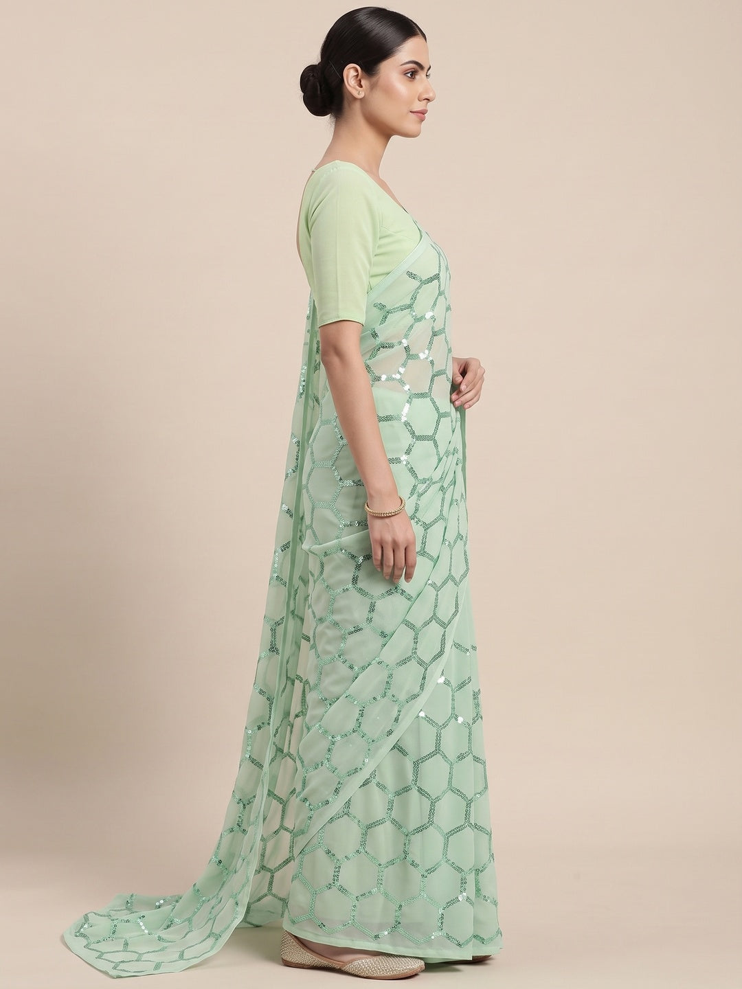 Pista Green Sequins Embroidered Georgette Saree - Image 3