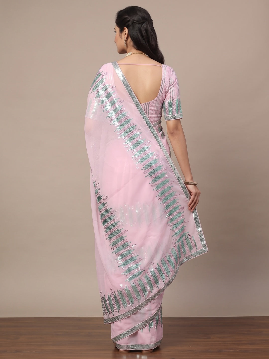 Pink Sequins Embroidered Georgette Saree - Image 6