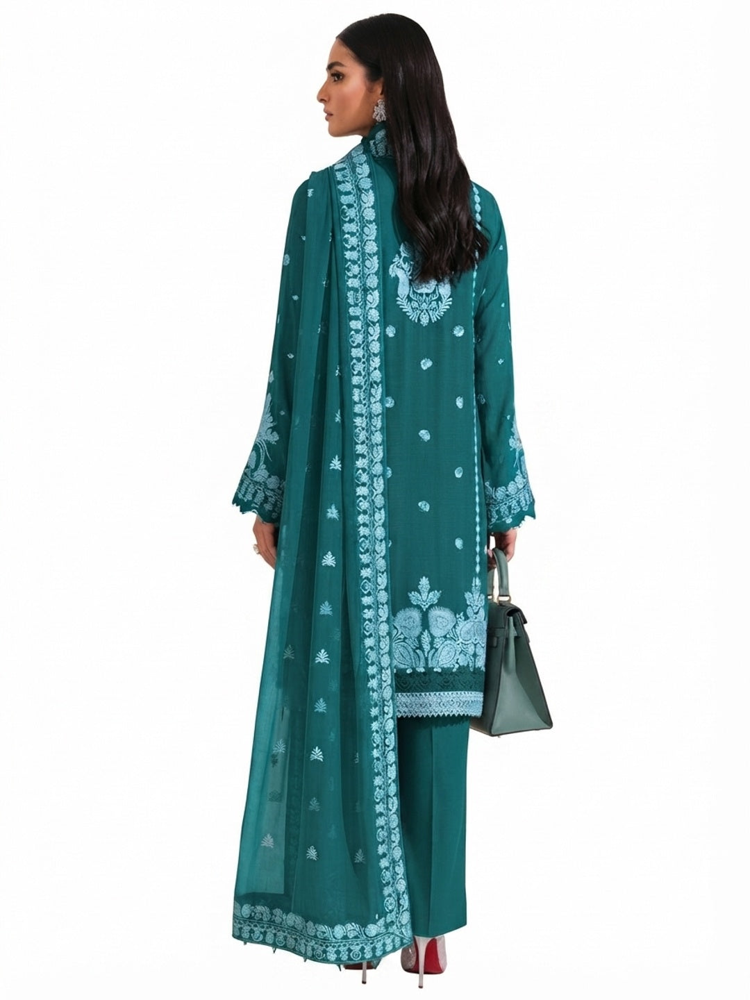 Teal Floral Embroidered Georgette Semi Stitched Pakistani Suit - Image 3