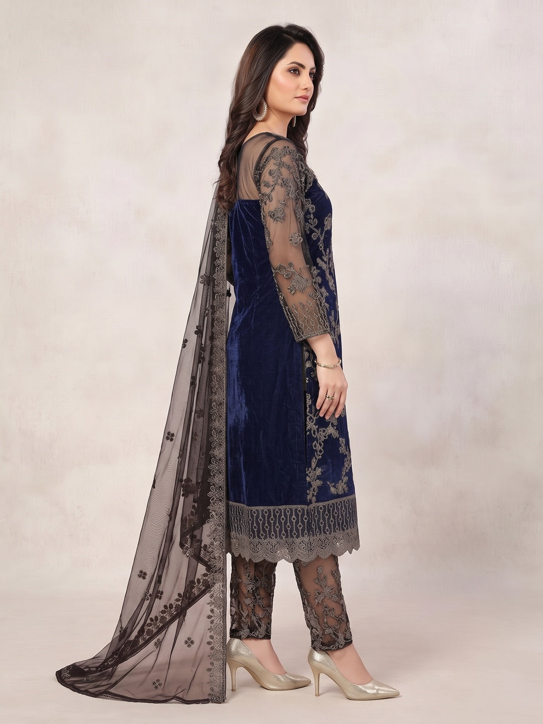 Blue Floral Embroidered Net Semi Stitched Suit - Image 3