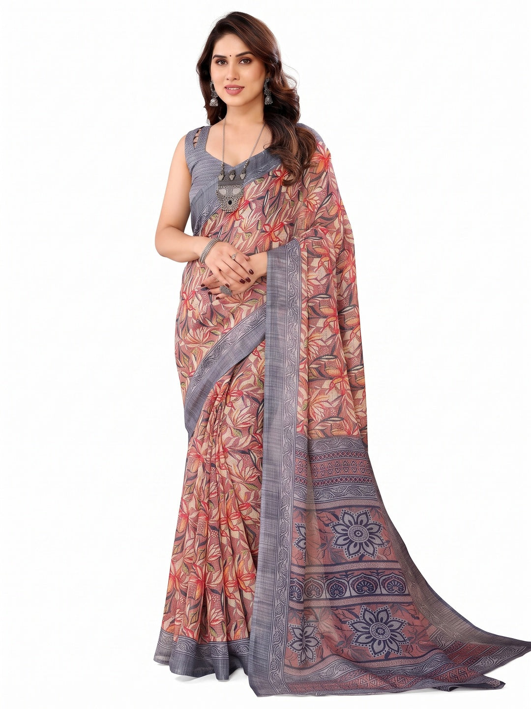 Mauve & Grey Floral Printed Kota Doria Saree - Image 7
