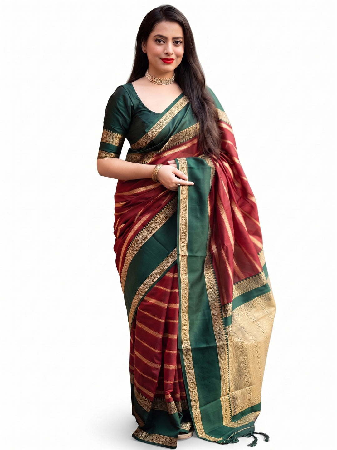 Maroon Woven Banarasi Silk Saree with Tassels - Image 1