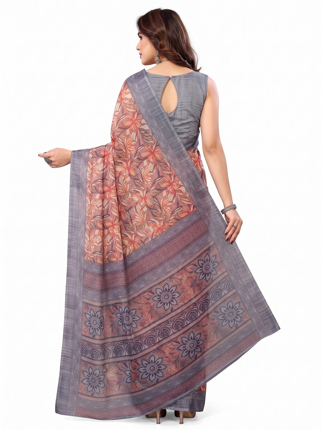 Mauve & Grey Floral Printed Kota Doria Saree - Image 2