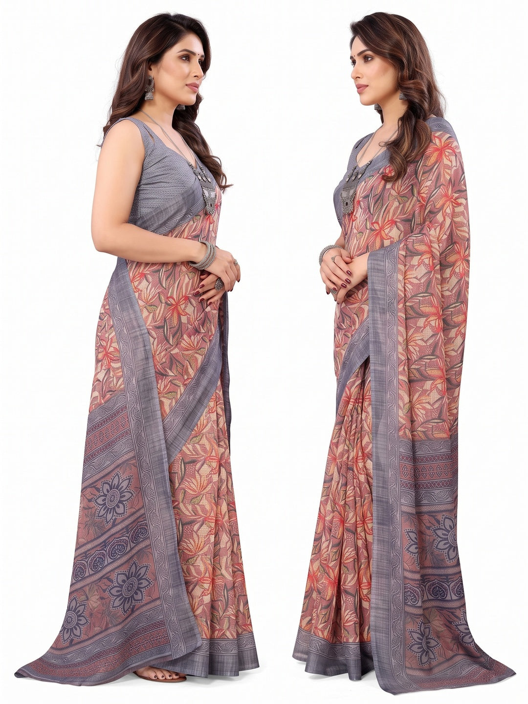 Mauve & Grey Floral Printed Kota Doria Saree - Image 3