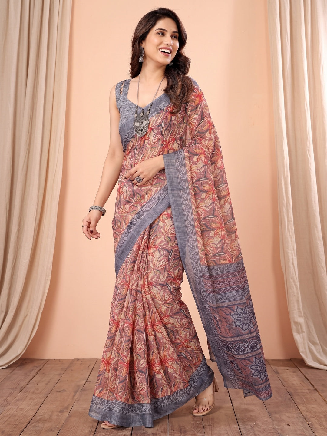 Mauve & Grey Floral Printed Kota Doria Saree - Image 4