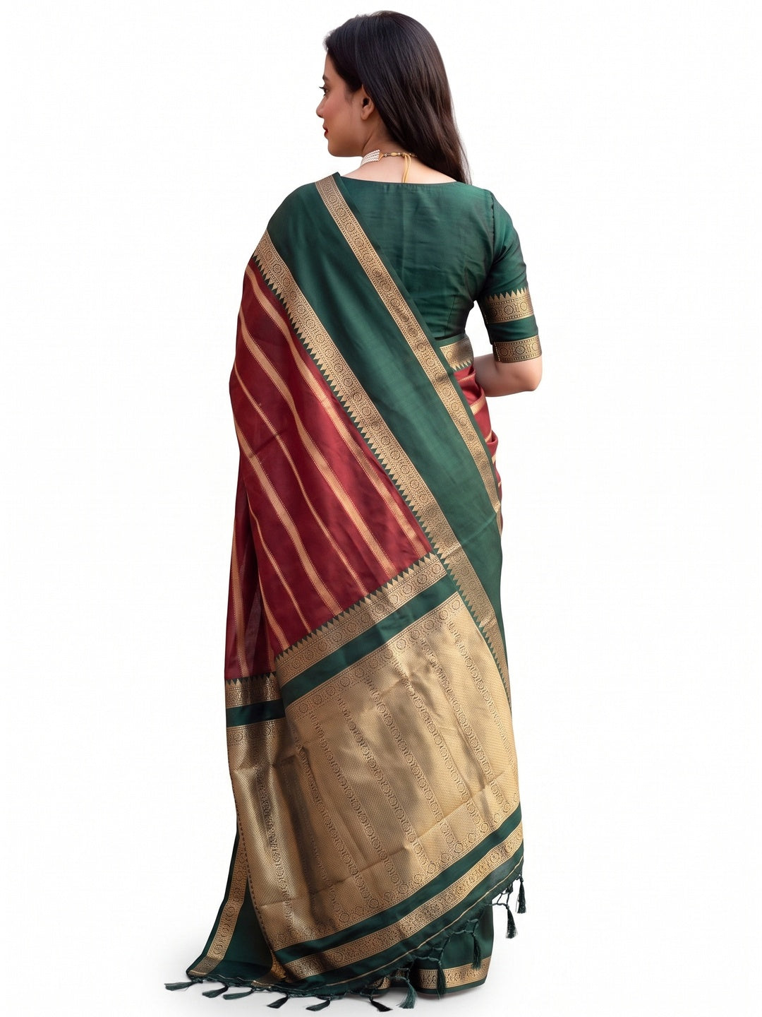 Maroon Woven Banarasi Silk Saree with Tassels - Image 2