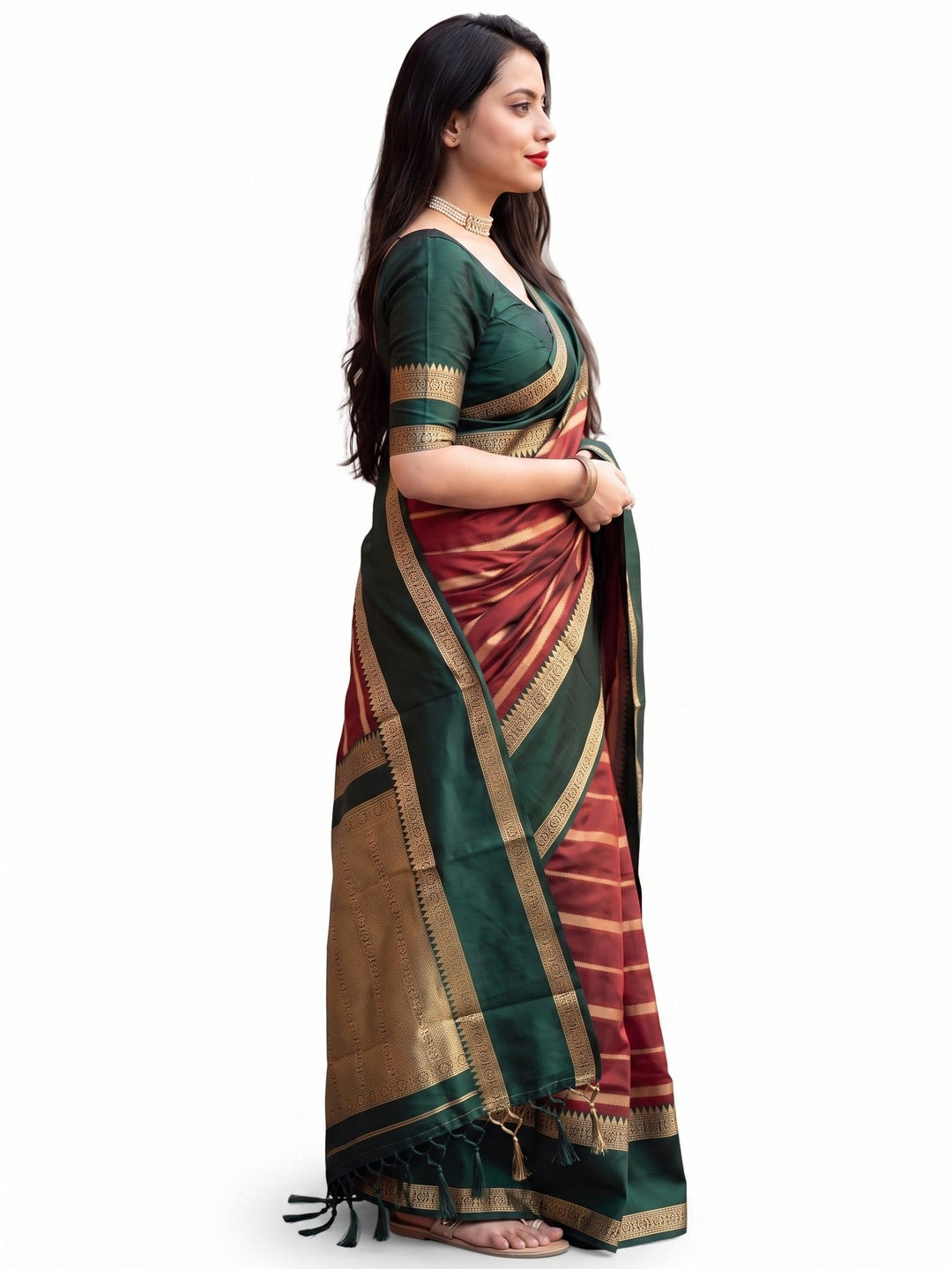 Maroon Woven Banarasi Silk Saree with Tassels - Image 3