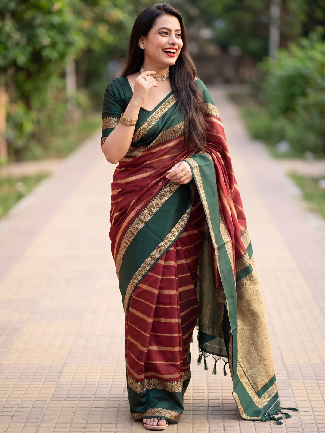 Maroon Woven Banarasi Silk Saree with Tassels - Image 4