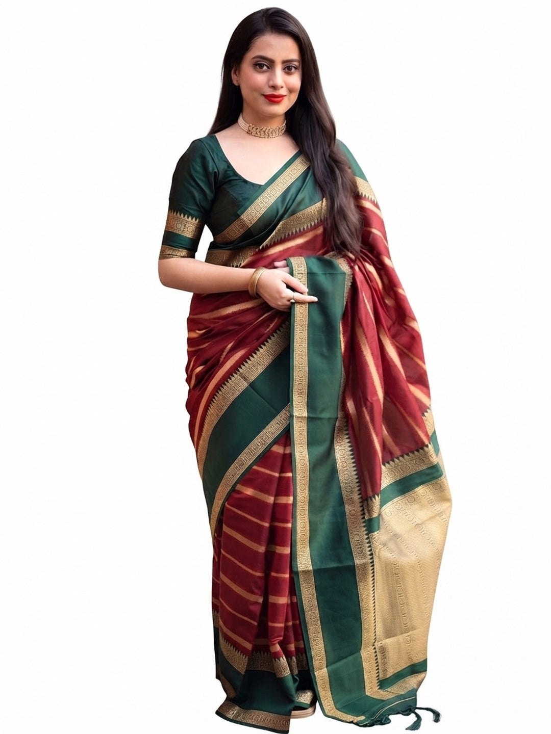Maroon Woven Banarasi Silk Saree with Tassels - Image 10