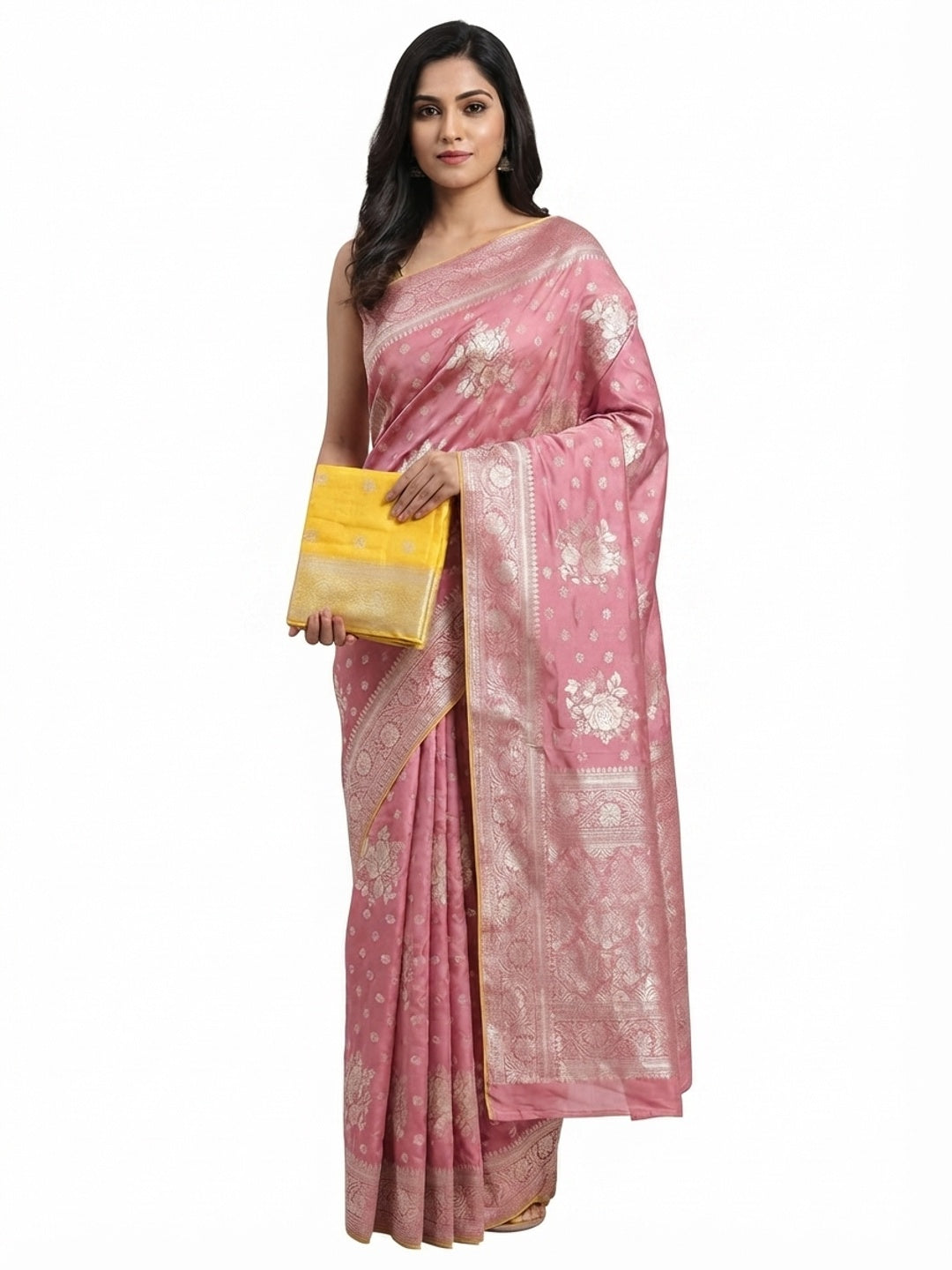 Pink Floral Woven Dola Silk Saree - Image 5