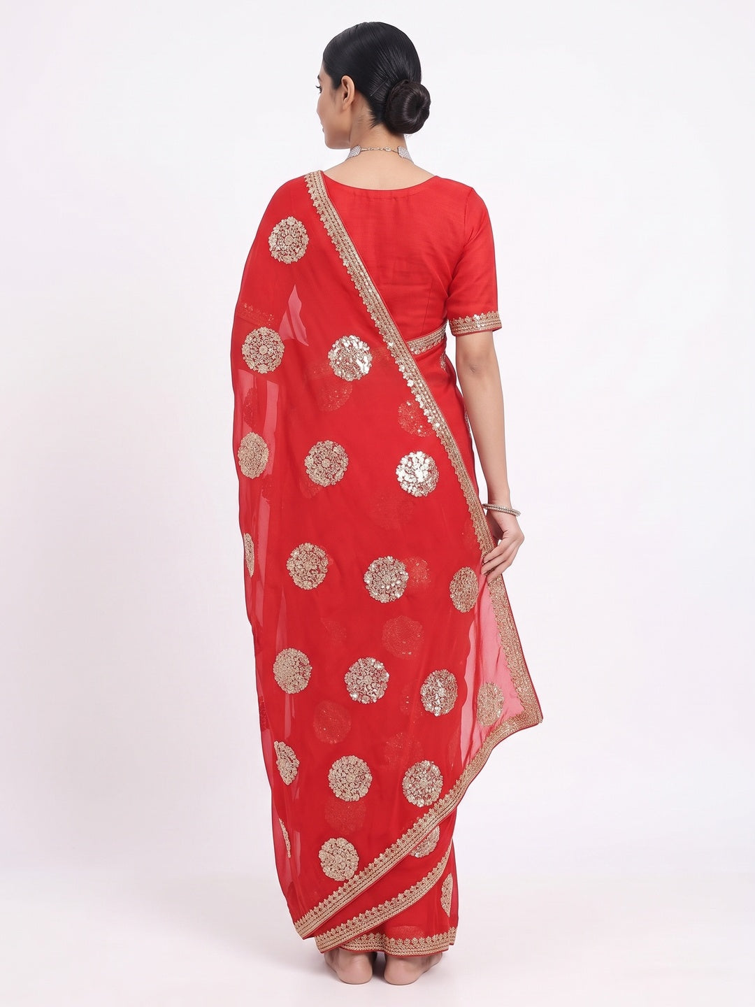 Red Sequins Embroidered Chiffon Saree - Image 3