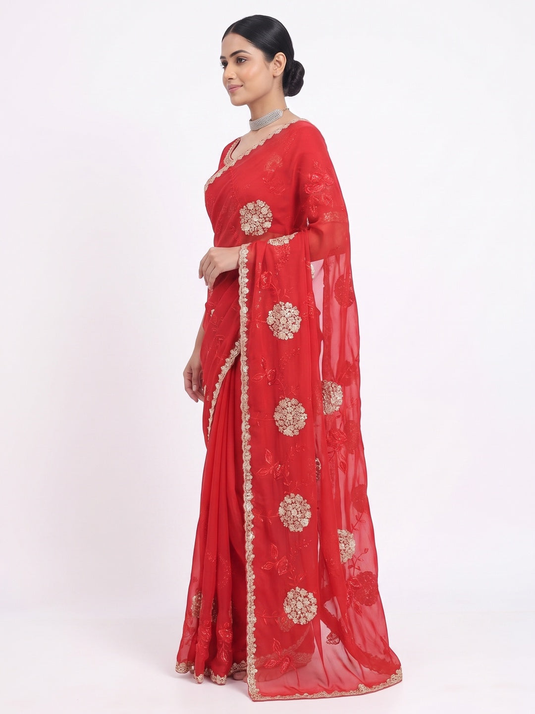 Red Sequins Embroidered Chiffon Saree - Image 4