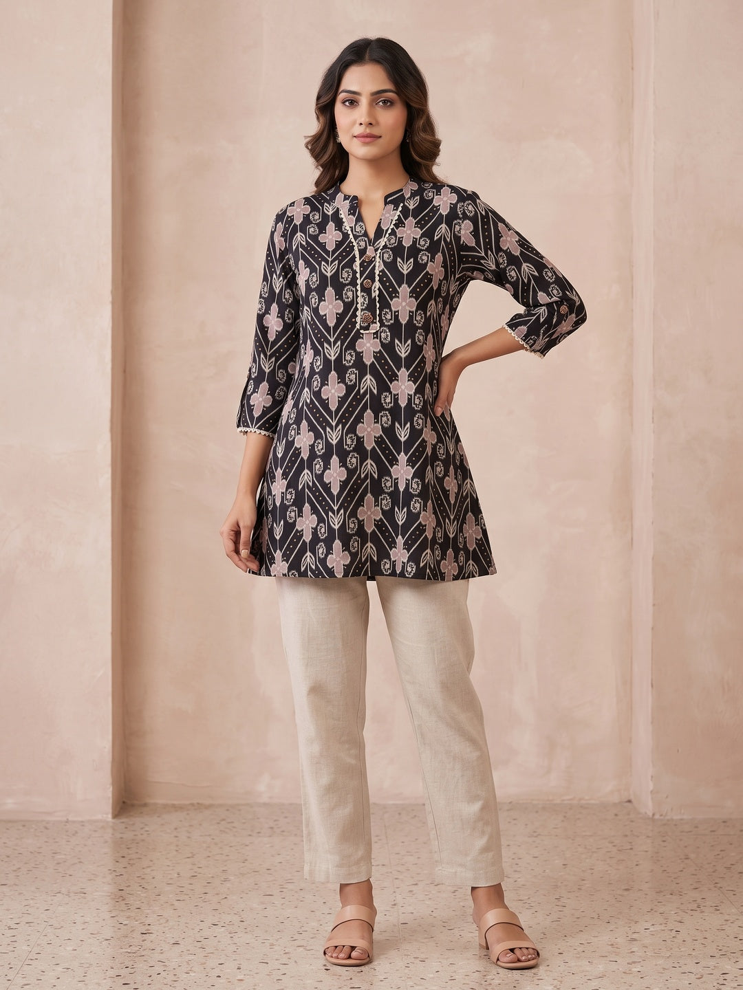 Black Rayon Floral Printed Short Top - Image 1