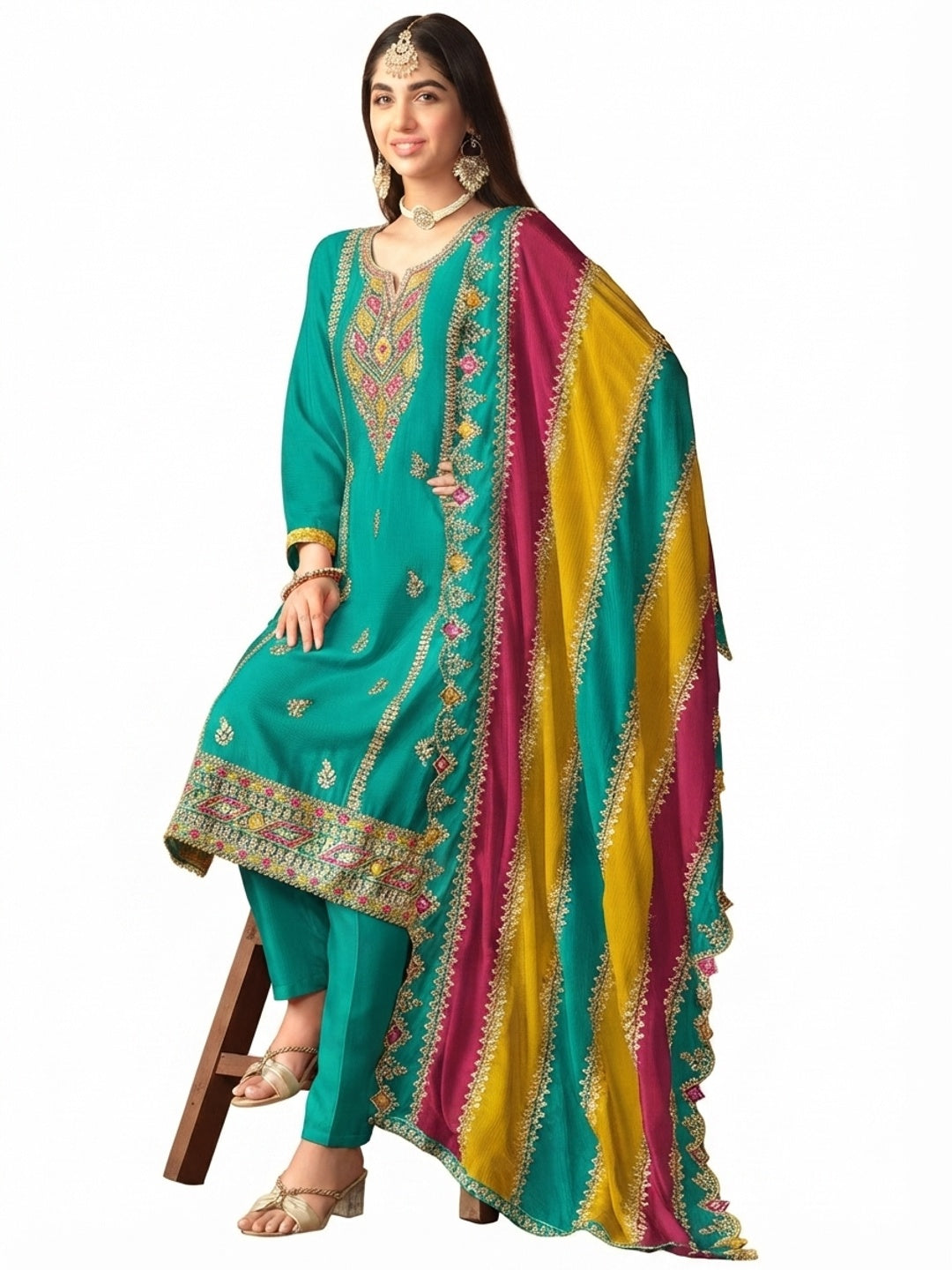 Rama Blue Floral Sequins Embroidered Chinon Silk Semi Stitched Salwar Suit - Image 2