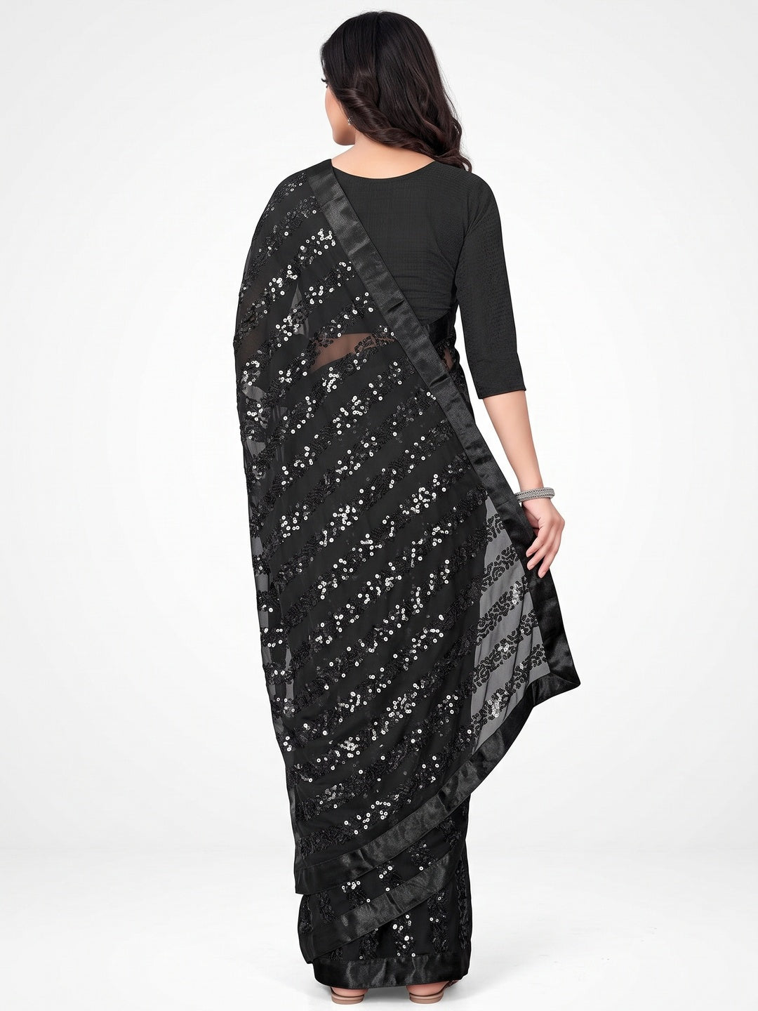 Black Sequins Embroidered Georgette Saree - Image 2