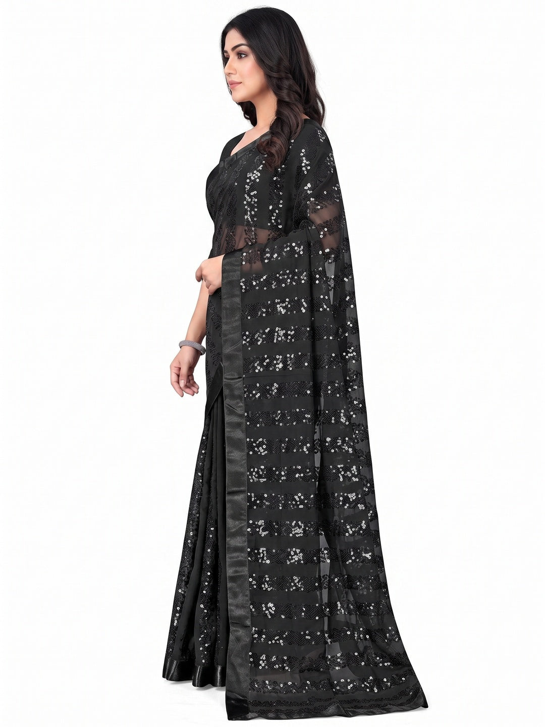 Black Sequins Embroidered Georgette Saree - Image 3