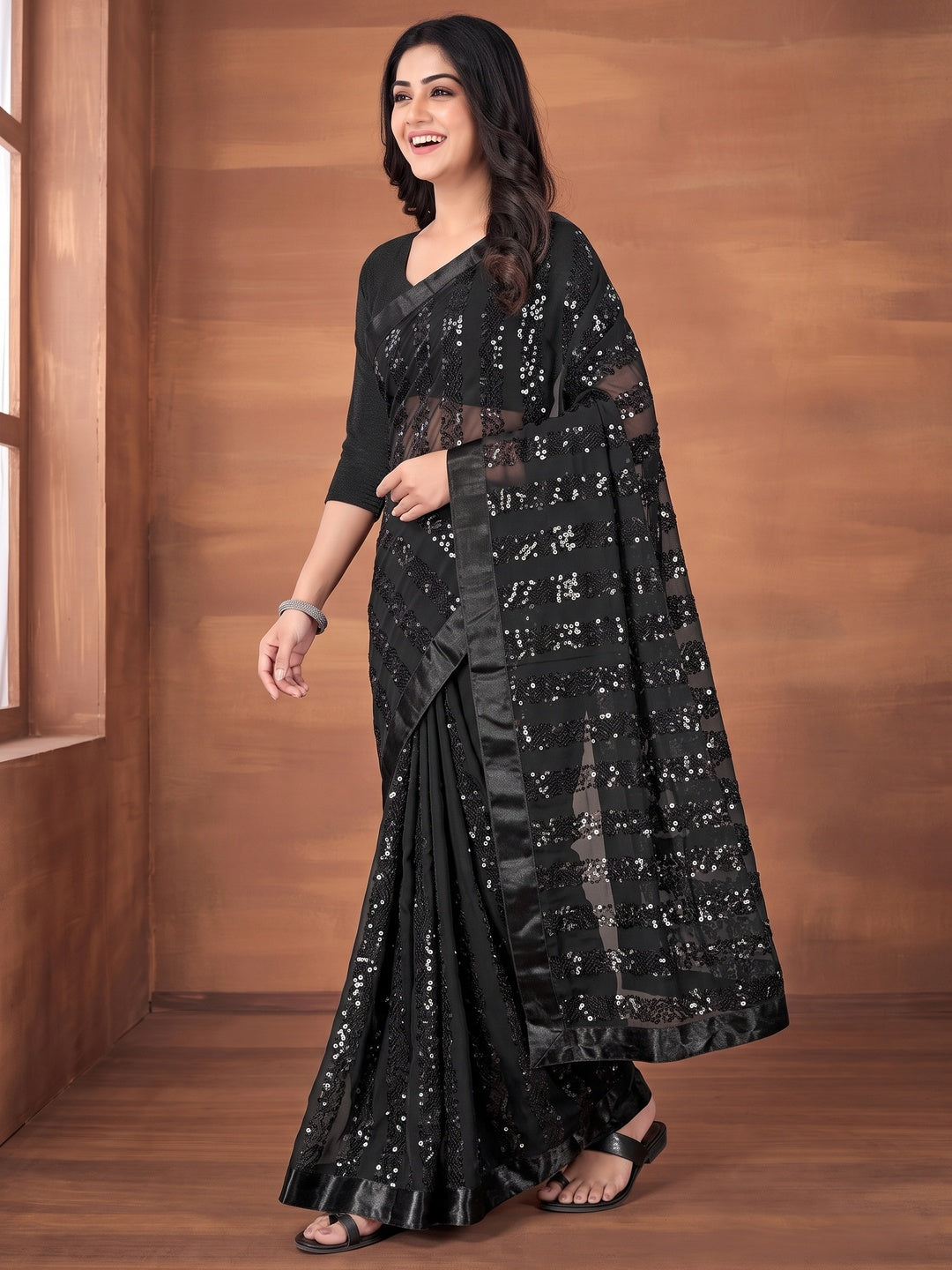 Black Sequins Embroidered Georgette Saree - Image 4