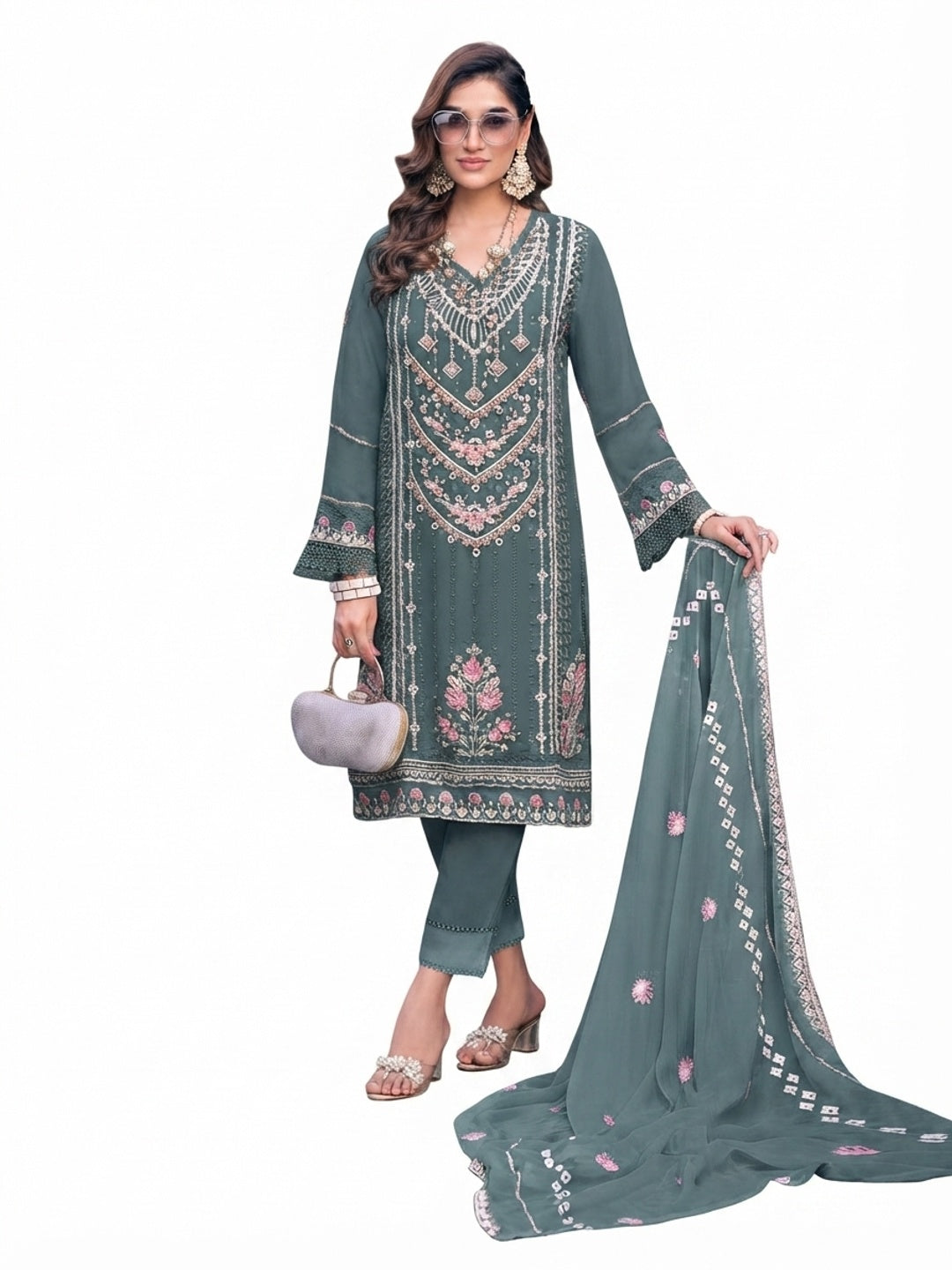 Bluish Grey Embroidered Georgette Semi-Stitched Pakistani Dress Material - Image 3