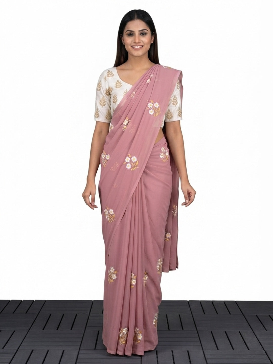 Dusty Pink Floral Embroidered Georgette Saree - Image 5