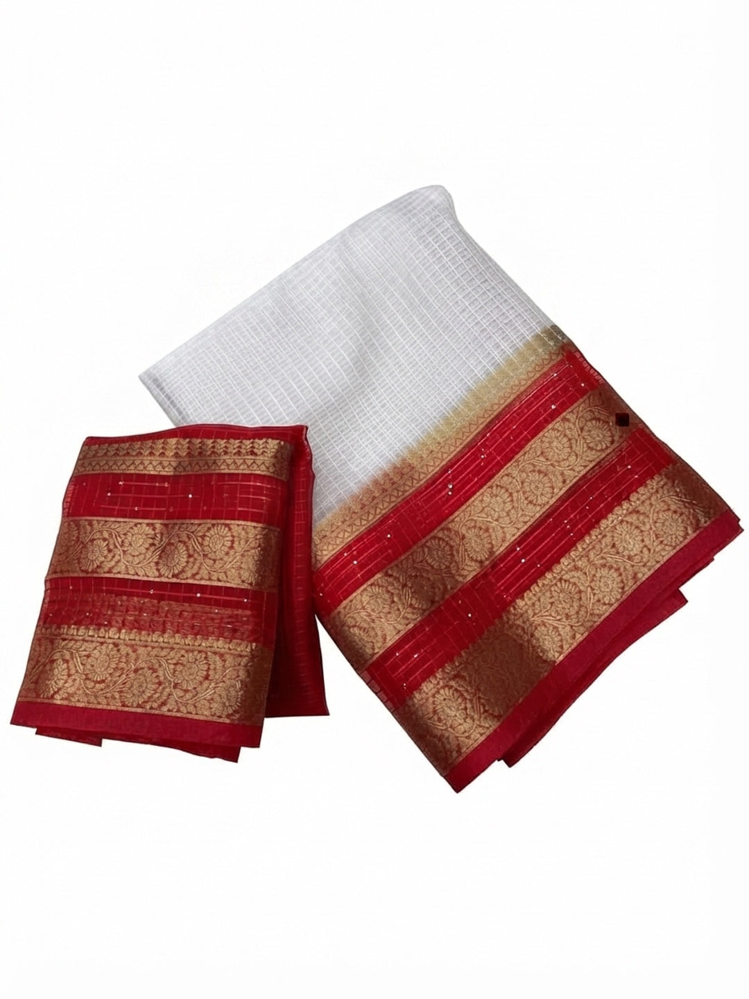 White & Red Kerala Checked Style Organza Saree - Image 1