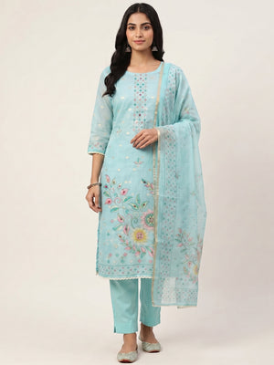 Peachmode Turquoise Kota Doria Dress Material with Floral Print - Image 1