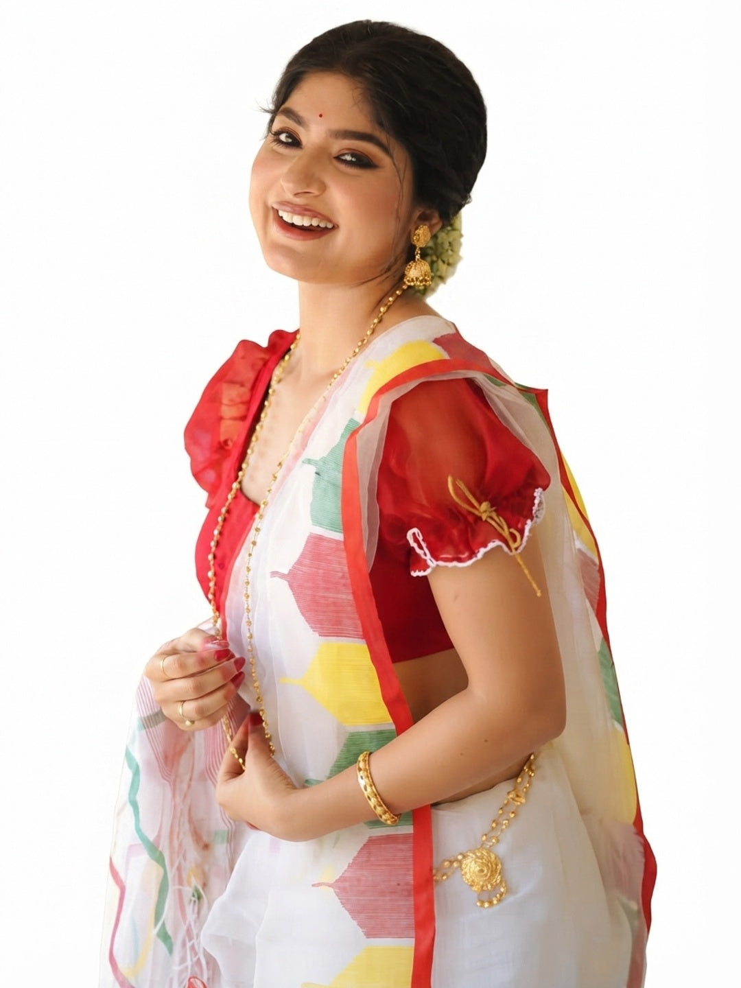 Elegant White Geometric Printed Linen Cotton Saree - Image 1