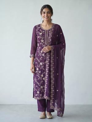 Purple Sequins With Floral Embroidered Georgette Pakistani Suit - Image 1