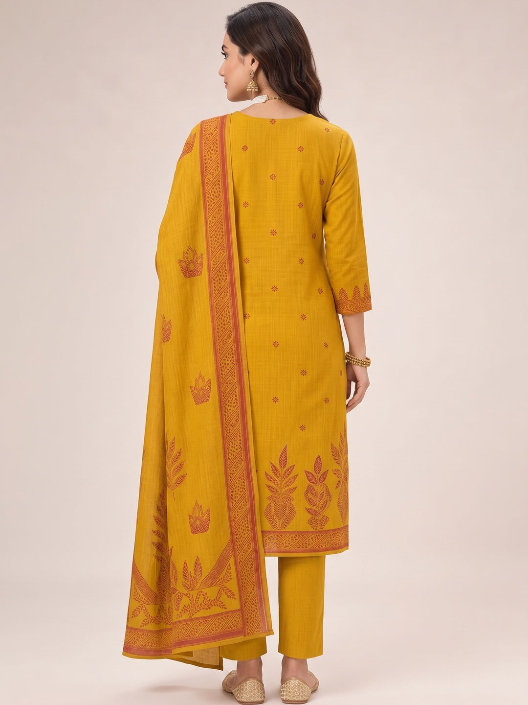 Peachmode Mustard Cotton Dress Material with Ethnic Motifs - Flat lay